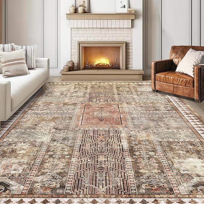 Vintage 8' x 10' Washable Area Rug - Stylish Indoor Rug for Living, Dining or Bedroom - Lightweight Carpet with Non-Slip Backing - Foldable for Easy Placement and Maintenance - Ivory