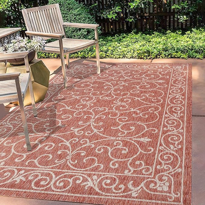 JONATHAN Y Vintage Filigree Indoor Outdoor Area Rug 5X8 Red/Beige, Charleston Textured Weave for Backyard, Patio, Porch, Easy-Cleaning, High Traffic, Pet-Friendly, Non-Shedding (SMB106B-5)