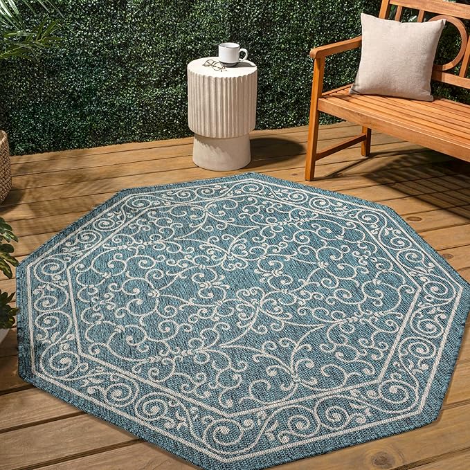 JONATHAN Y Vintage Filigree Indoor Outdoor Octagon Area Rug 8 Ft Teal/Gray, Charleston Textured Weave for Backyard, Patio, Porch, Easy-Cleaning, High Traffic, Pet-Friendly, Non-Shedding SMB106F-8TGN