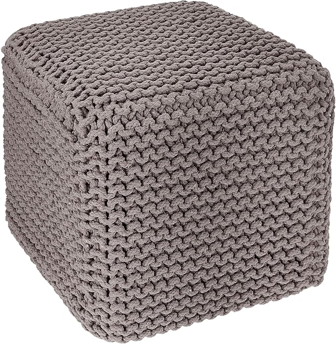 REDEARTH Cube Hand Knitted Pouf - Foot Stool Ottoman - Cord Boho Pouffe - Poof Accent Stuffed Table or Footrest for Living Room - Nursery - Bedroom - Patio - 100% Cotton (16" x 16" x 16") - Taupe