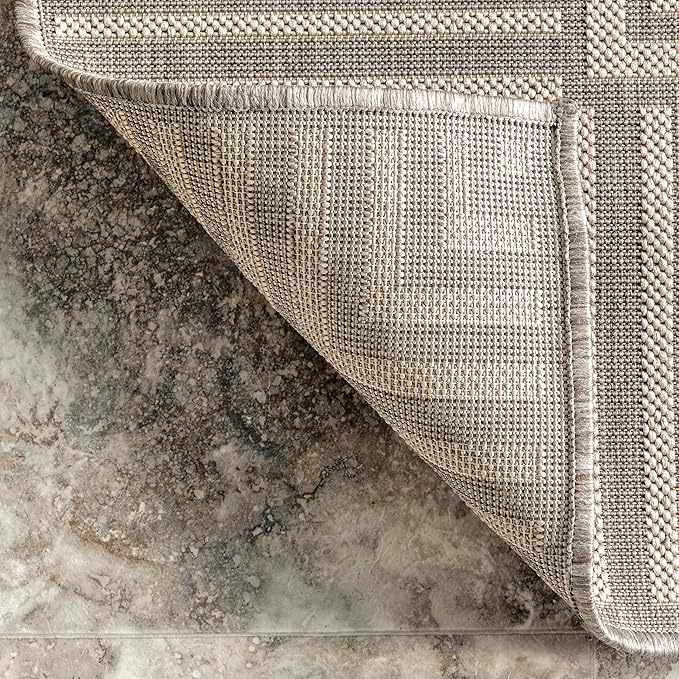 nuLOOM 2' x 8' Outdoor Area Rug, Casual Design with Striped Border, Stain Resistant, Highly Durable, for Patio, Balcony, Bedroom, Living Room, Dining Room, Bathroom, Light Grey