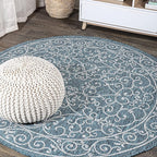 JONATHAN Y Vintage Filigree Indoor Outdoor Round Area Rug 8 Ft Teal/Gray, Charleston Textured Weave for Backyard, Patio, Porch, Easy-Cleaning, High Traffic, Pet-Friendly, Non-Shedding (SMB106F-8R)