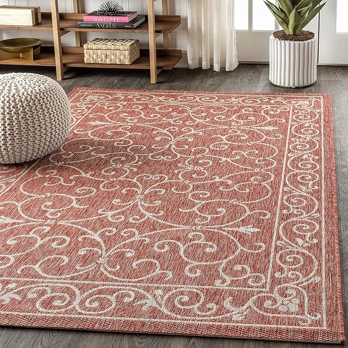 JONATHAN Y Vintage Filigree Indoor Outdoor Area Rug 9X12 Red/Beige, Charleston Textured Weave for Backyard, Patio, Porch, Easy-Cleaning, High Traffic, Pet-Friendly, Non-Shedding (SMB106B-9)