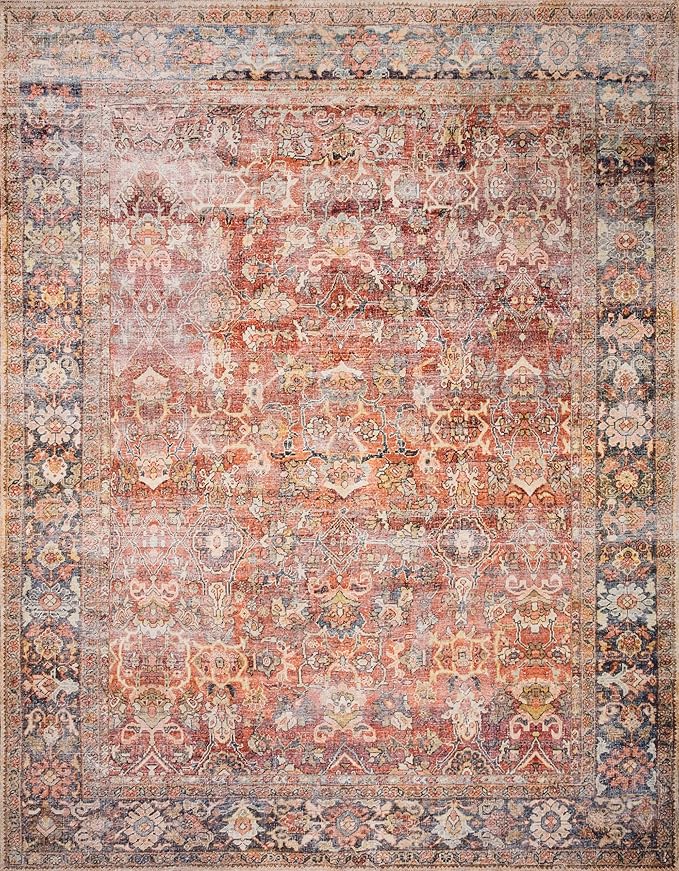 Loloi Layla Collection LAY-02 Spice/Marine 5'-0" x 7'-6" .13" Thick Area Rug, Soft, Durable, Vintage Inspired, Distressed, Low Pile, Non-Shedding, Easy Clean, Printed, Living Room Rug