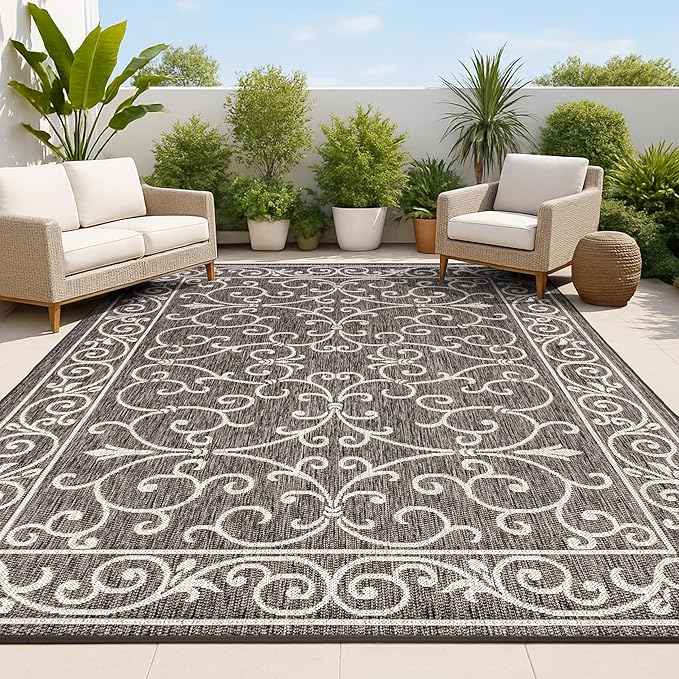 JONATHAN Y Vintage Filigree Indoor Outdoor Area Rug 9X12 Black/Gray, Charleston Textured Weave for Backyard, Patio, Porch, Easy-Cleaning, High Traffic, Pet-Friendly, Non-Shedding (SMB106G-9)