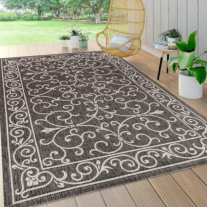 JONATHAN Y Vintage Filigree Indoor Outdoor Area Rug 6X9 Black/Gray, Charleston Textured Weave for Backyard, Patio, Porch, Easy-Cleaning, High Traffic, Pet-Friendly, Non-Shedding (SMB106G-6)