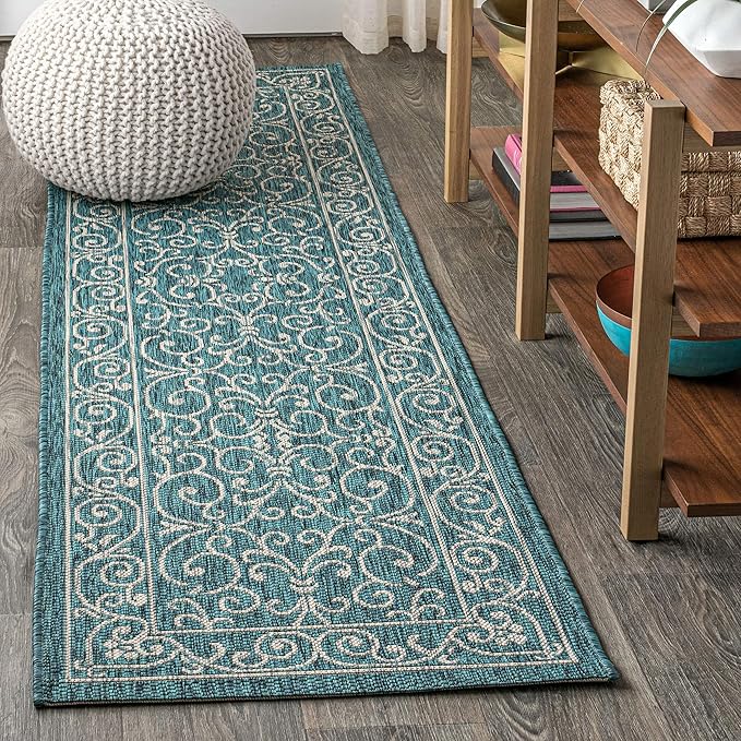 JONATHAN Y Vintage Filigree Indoor Outdoor Runner Rug 2X10 Teal/Gray, Charleston Textured Weave for Backyard, Patio, Porch, Easy-Cleaning, High Traffic, Pet-Friendly, Non-Shedding (SMB106F-210)