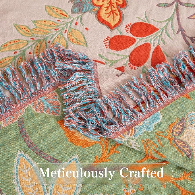 Boho Throw Blanket Twin Size, Soft Cozy Cotton Muslin Quilt Blanket for Bed Decor, Floral Patterned Couch Sofa Chair Cover, Vintage Farmhouse Cottage Tapestry Woven Blanket, Coral&Green