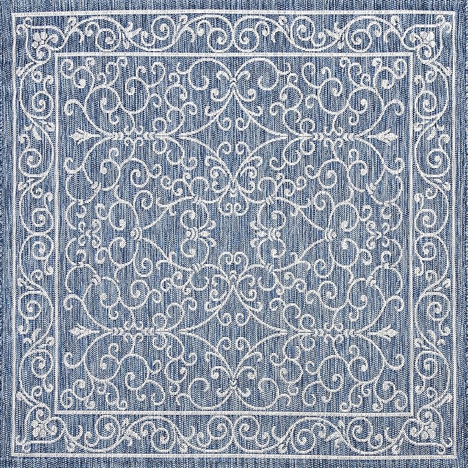 JONATHAN Y Vintage Filigree Indoor Outdoor Square Area Rug 9X9 Navy/Gray, Charleston Textured Weave for Backyard, Patio, Porch, Easy-Cleaning, High Traffic, Pet-Friendly, Non-Shedding (SMB106D-9SQ)