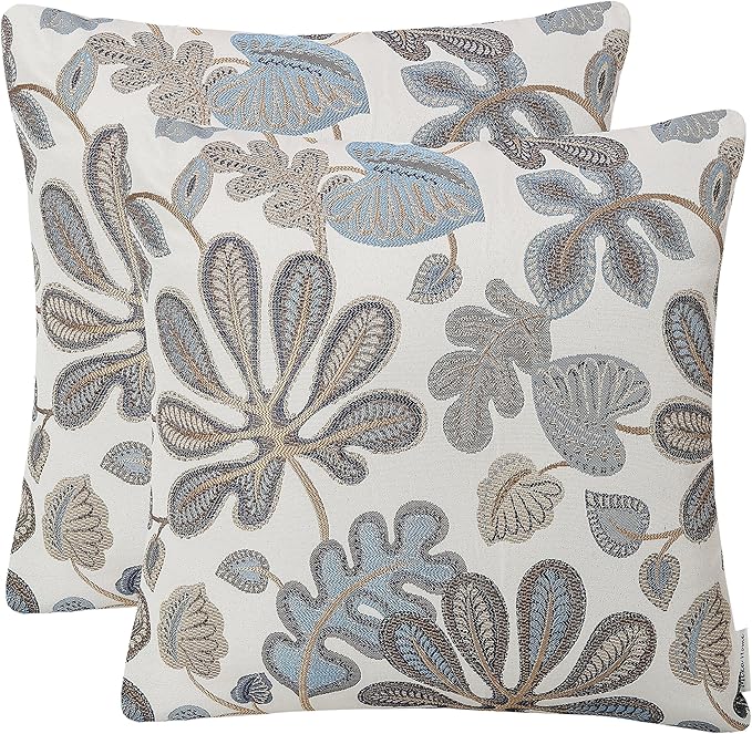 Mika Home Set of 2 Jacquard Tropical Leaf Pattern Throw Pillow Covers Decorative Pillowcase 20X20 Inches,Blue Cream