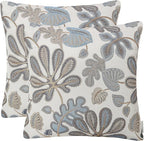 Mika Home Set of 2 Jacquard Tropical Leaf Pattern Throw Pillow Covers Decorative Pillowcase 20X20 Inches,Blue Cream