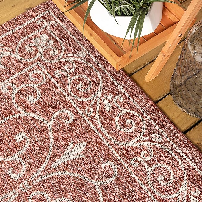 JONATHAN Y Vintage Filigree Indoor Outdoor Square Area Rug 5X5 Red/Beige, Charleston Textured Weave for Backyard, Patio, Porch, Easy-Cleaning, High Traffic, Pet-Friendly, Non-Shedding (SMB106B-5SQ)