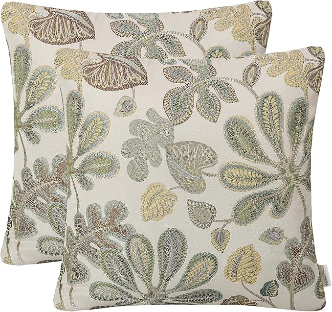 Mika Home Set of 2 Jacquard Tropical Leaf Pattern Throw Pillow Covers Decorative Pillowcase 22X22 Inches,Green Cream