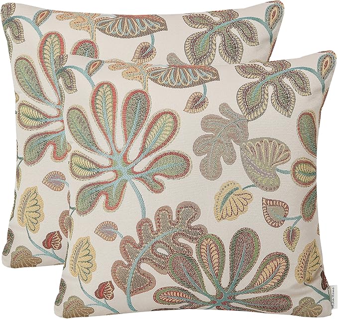 Mika Home Set of 2 Jacquard Tropical Leaf Pattern Throw Pillow Covers Decorative Pillowcase 20X20 Inches,Teal Cream