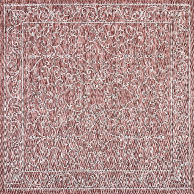 JONATHAN Y Vintage Filigree Indoor Outdoor Square Area Rug 6X6 Red/Beige, Charleston Textured Weave for Backyard, Patio, Porch, Easy-Cleaning, High Traffic, Pet-Friendly, Non-Shedding (SMB106B-6SQ)