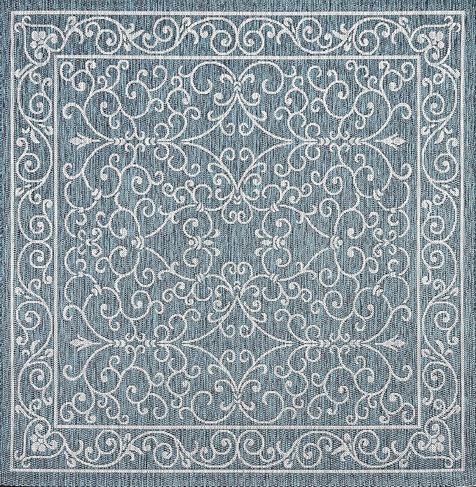 JONATHAN Y Vintage Filigree Indoor Outdoor Square Area Rug 6X6 Teal/Gray, Charleston Textured Weave for Backyard, Patio, Porch, Easy-Cleaning, High Traffic, Pet-Friendly, Non-Shedding (SMB106F-6SQ)