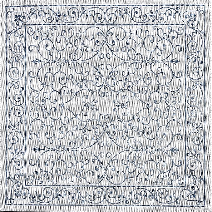 JONATHAN Y Vintage Filigree Indoor Outdoor Square Area Rug 9X9 Gray/Navy, Charleston Textured Weave for Backyard, Patio, Porch, Easy-Cleaning, High Traffic, Pet-Friendly, Non-Shedding (SMB106C-9SQ)